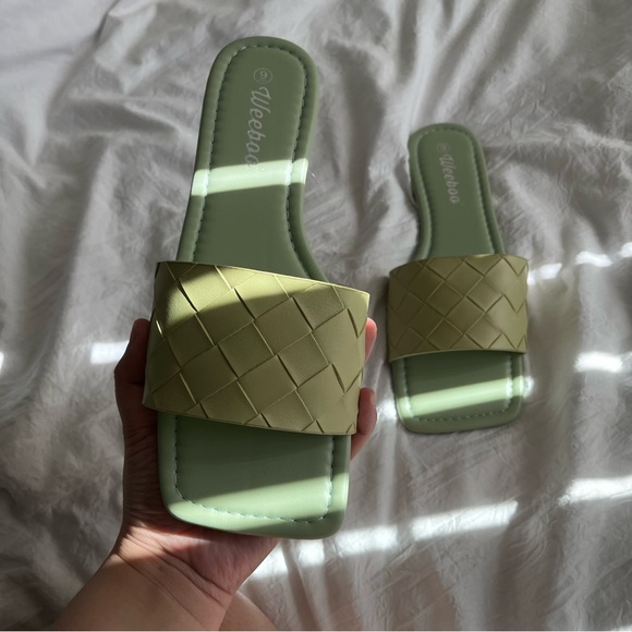 Woven Strap Flat Square Toe Slide Sandals in Sage - Picture 9 of 11